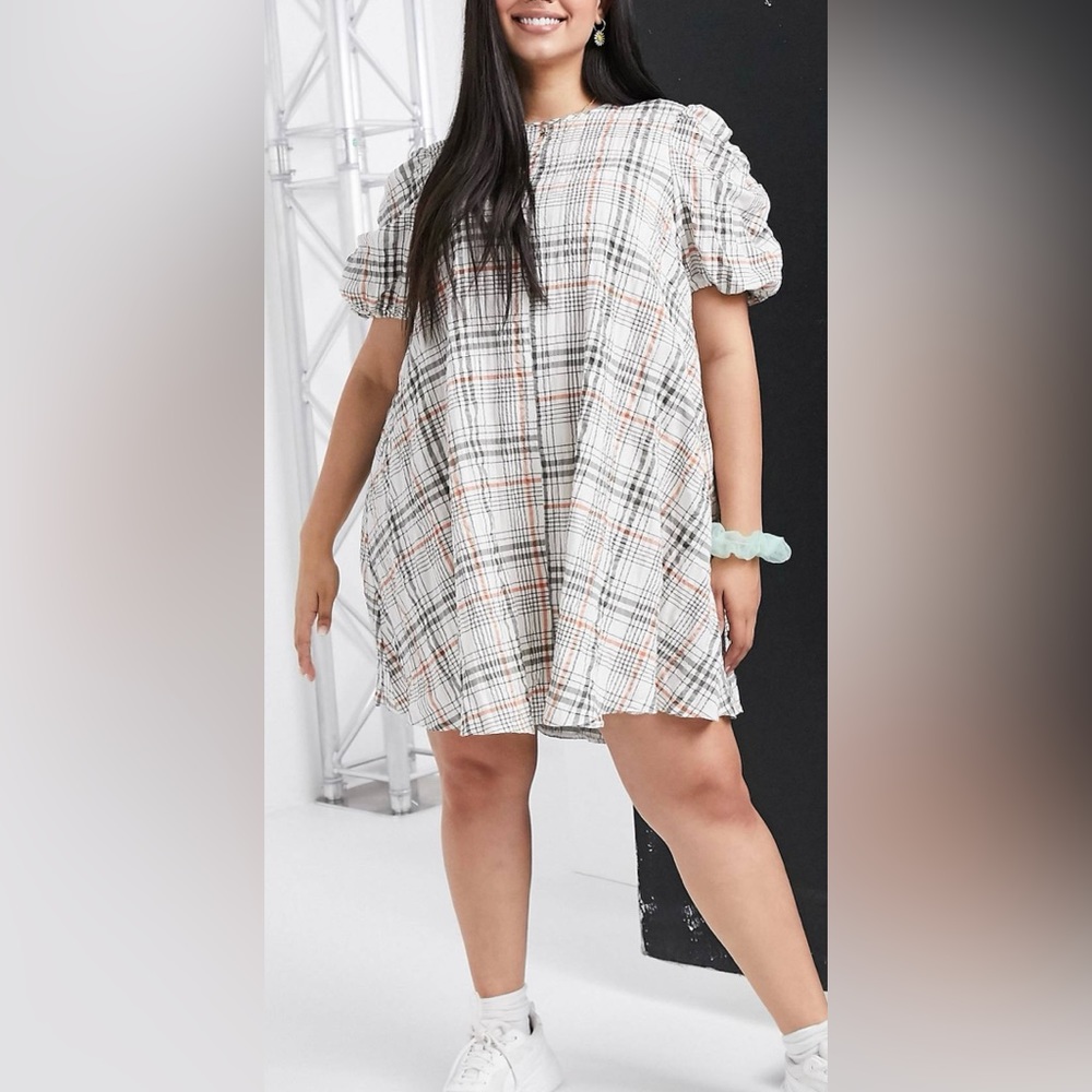 ASOS design curve cotton trapeze mini smock dress with tucked sleeve in check